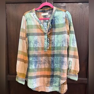 Anthropologie Multicolor Plaid Blouse with Ruffle size Medium Cabincore